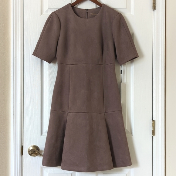 Calvin Klein Faux Suede Round Neck Short Sleeve Pleated A-Line Mini Dress Gray 6 - Picture 1 of 13